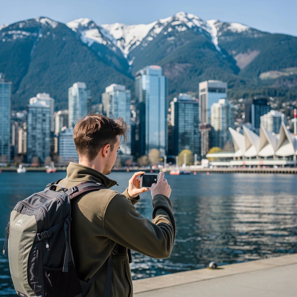 Schweizer Student auf dem Vancouver Seawall mit der Skyline von Downtown Vancouver und den schneebedeckten North Shore Mountains im Hintergrund. Praktikum Kanada 2026.