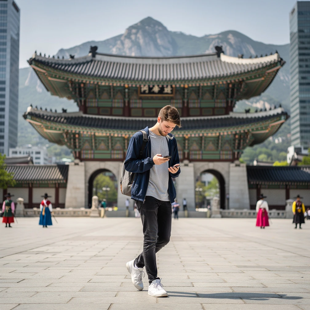 Schweizer Praktikant vor dem Gwanghwamun-Tor in Seoul, Suedkorea