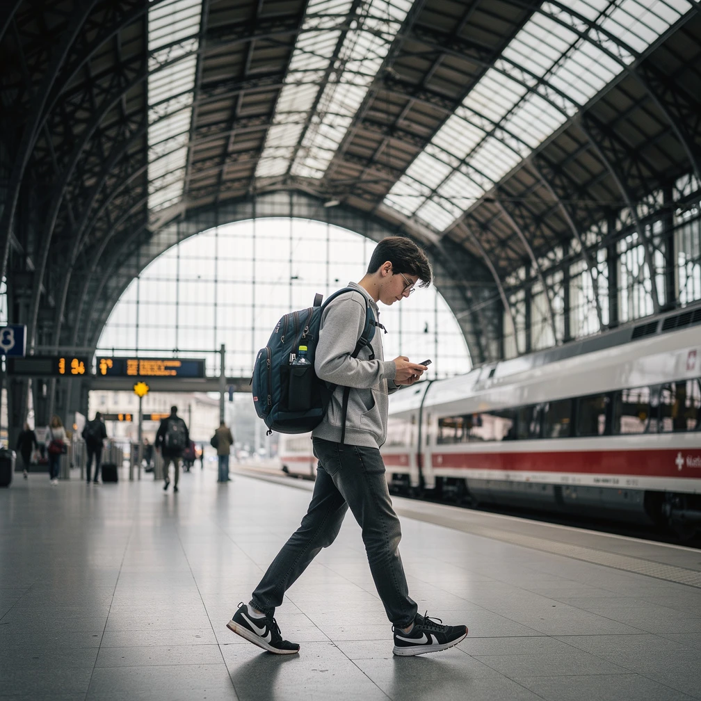Schweizer Studentin am Zuerich Hauptbahnhof auf dem Weg zu ihrem Auslandspraktikum